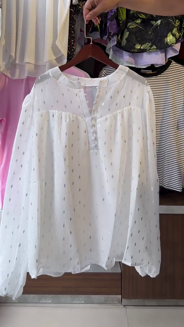 Self Design Mandarin Collar Puff Sleeve Gathered A-Line Top - Image 5