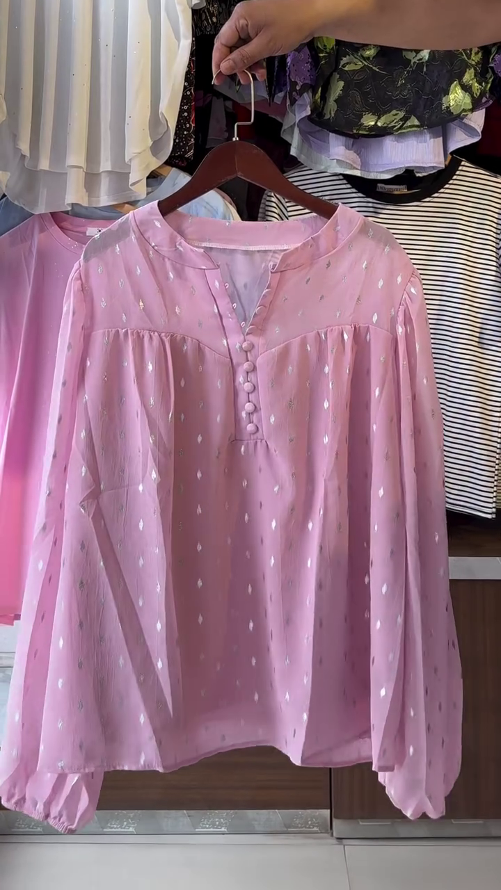 Self Design Mandarin Collar Puff Sleeve Gathered A-Line Top - Image 4