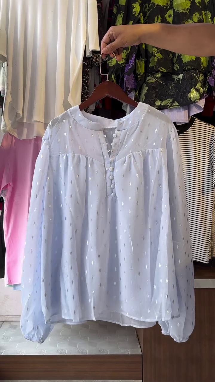 Self Design Mandarin Collar Puff Sleeve Gathered A-Line Top - Image 3