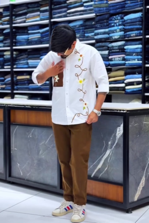 Men Standard Fit Embroidered Spread Collar Satin Casual Shirt