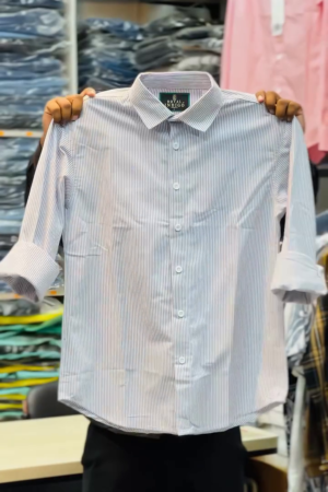 Blue Classic Slim Fit Vertical Striped Spread Collar Cotton Casual Shirt
