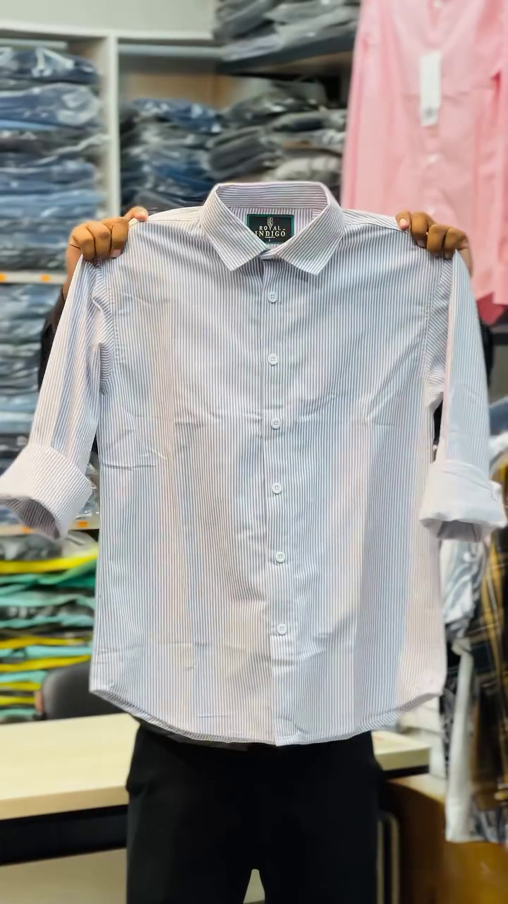 Blue Classic Slim Fit Vertical Striped Spread Collar Cotton Casual Shirt