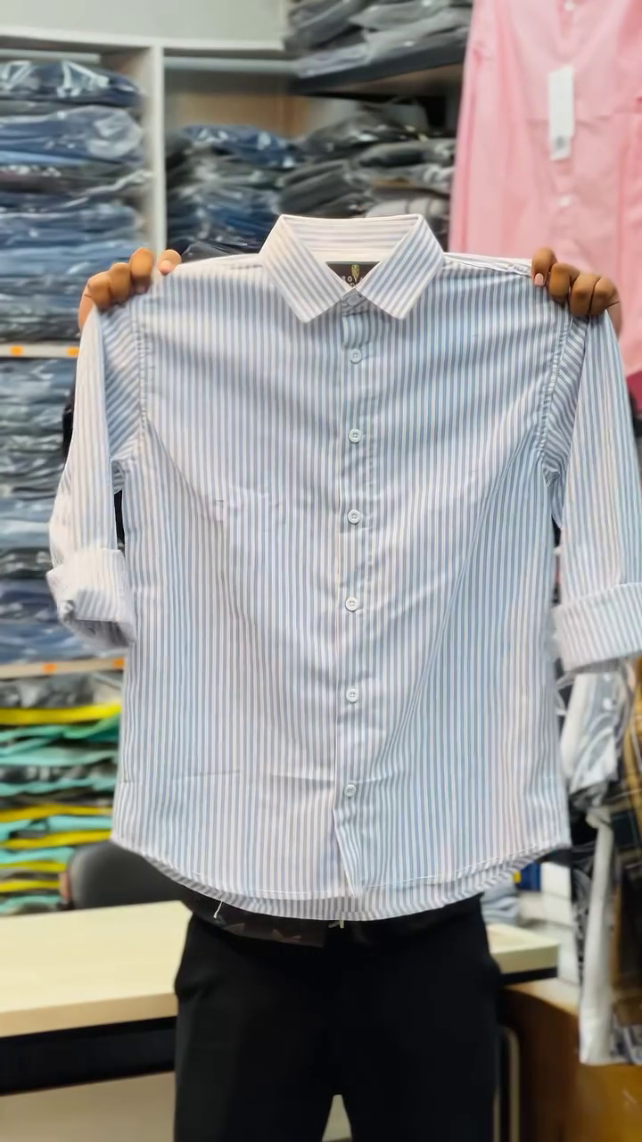Blue Classic Slim Fit Vertical Striped Spread Collar Cotton Casual Shirt - Image 6