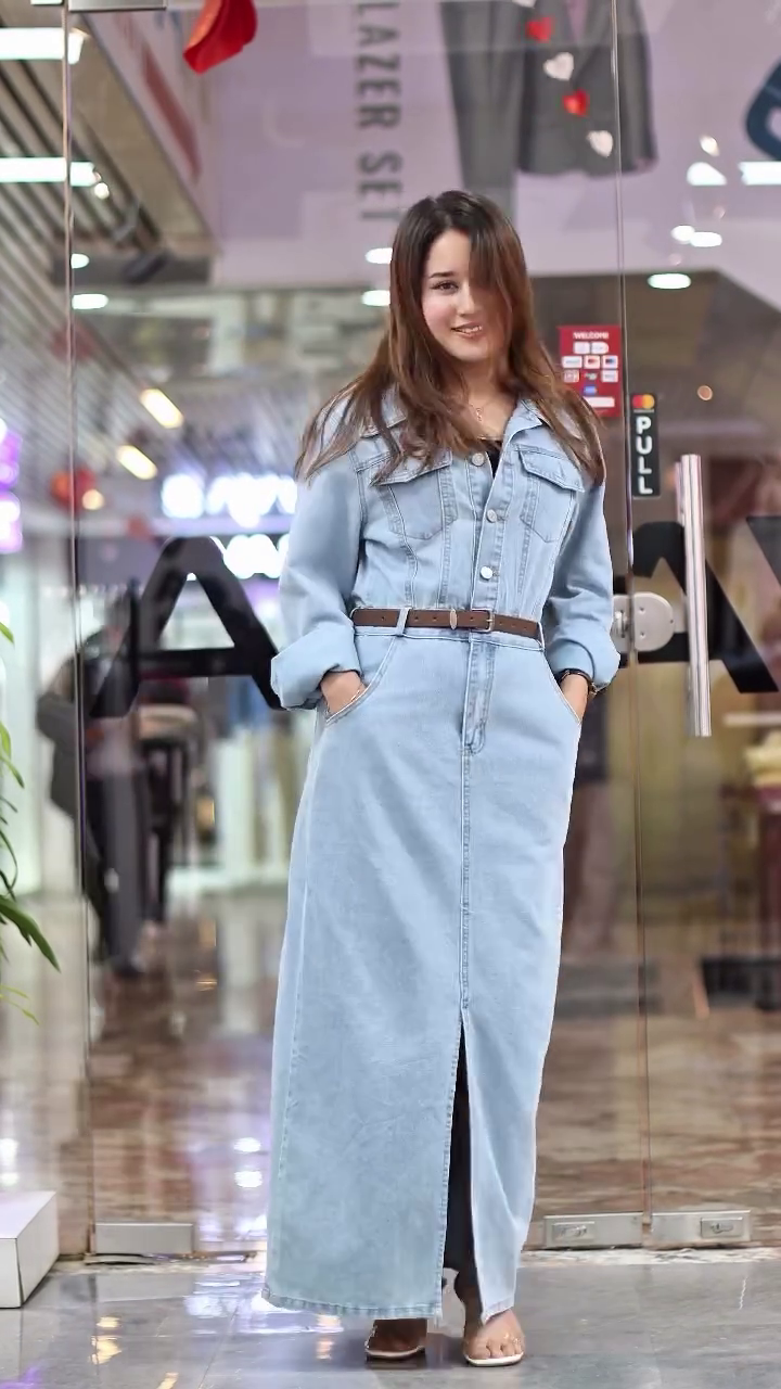 Women Blue Solid Maxi Denim Dress - Image 6