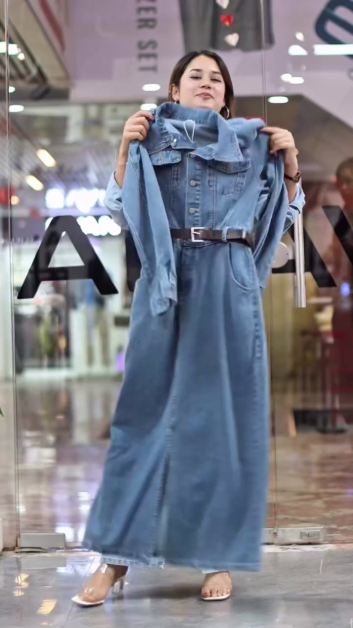 Women Blue Solid Maxi Denim Dress - Image 5