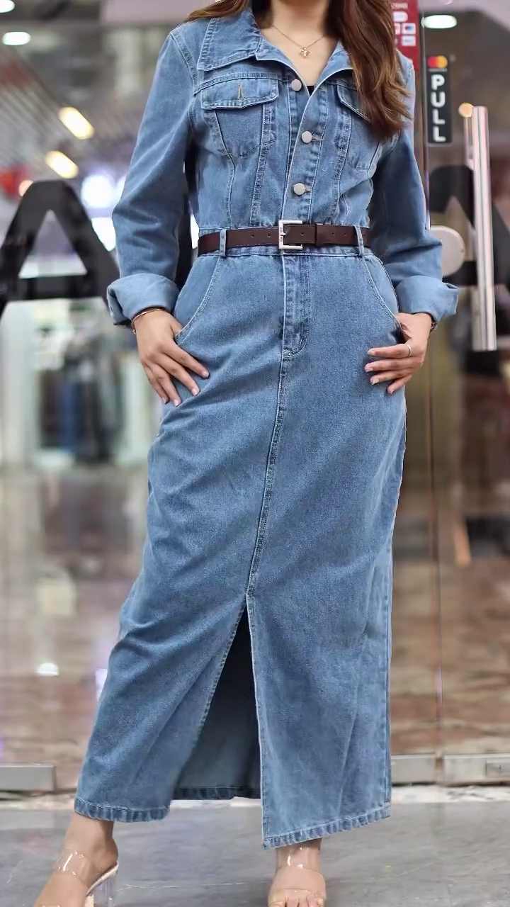 Women Blue Solid Maxi Denim Dress - Image 3