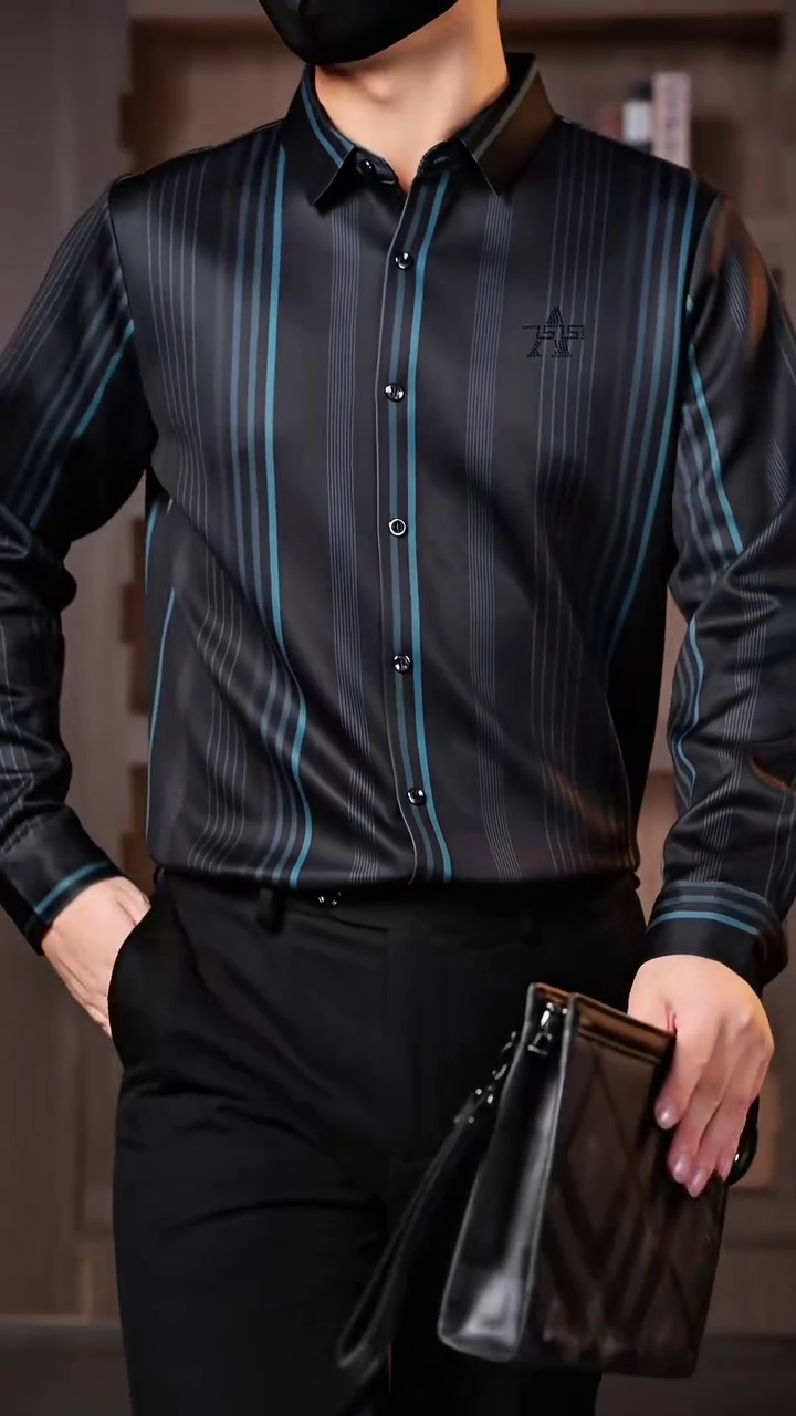 Men’s Black Vertical Stripe Formal Shirt with Contrast Detailing